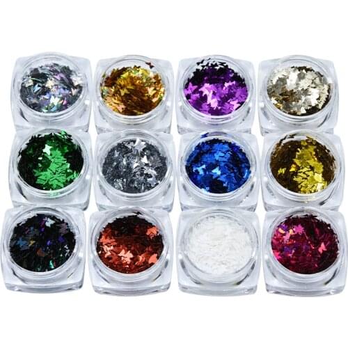 12Box(3ML Jars)/Set Holographic Butterfly Nail Glitter Flakes 12Colors Gold/Silver/Red Ultra-thin ART Sequins Nail Glitter PT067