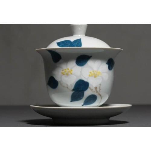 155ml Hand Painted Camellia Porcelain Gaiwan Ceramic Tea Bowl Kung Fu Tea Set Tea Cup Household Drinkware Teaware Teapot Decor