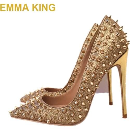 2019 Full Rivet Women Summer Shoes High Heels PU Leather Bling Gold Pumps For Woman Sexy Pointed Toe Ladies Shoes Stiletto Heels