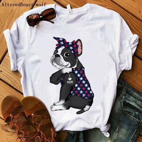 2021 Boston Terrier Mom Tshirt Women Harajuku I Love Mom American flag Bandana Print T-shirt Summer Short Sleeve T Shirt Female