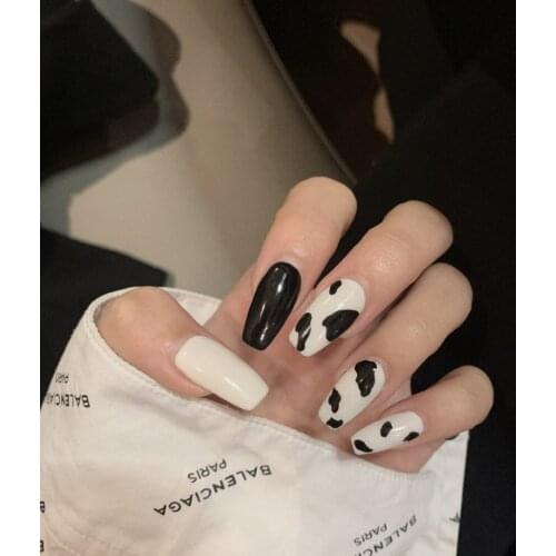 24pcs Cow Pattern Detachable False Nails Ballerina Wearable Fake Nails Press On Designed False Nails Tips Overhead with Glue