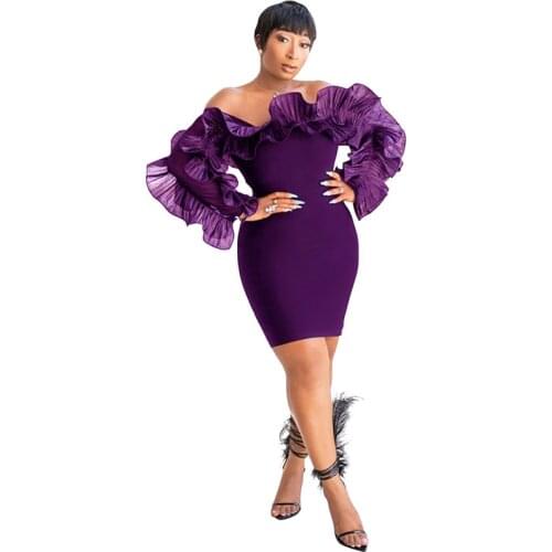 African Dresses for Women 2019 New African Clothes Dashiki Bodycon Ankara Gowns Purple Long Sleeve Evening Dress Africa Clothing