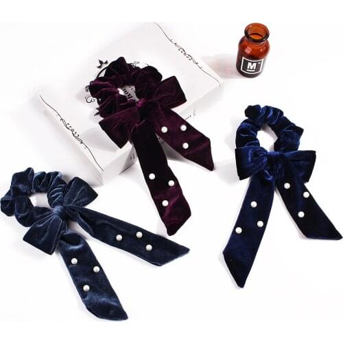 Velvet Scrunchie Women Girls Elastic Hair Rubber Bands pearl Bows Accessories Gum For Women Ponytail Tie Hair Ring 50pcs F507A