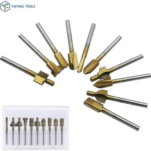 10pcs/set 3mm Shank Trimmer End Mill Woodworking Router Bit Titanium Coated Carbide Milling Cutter Power Tools