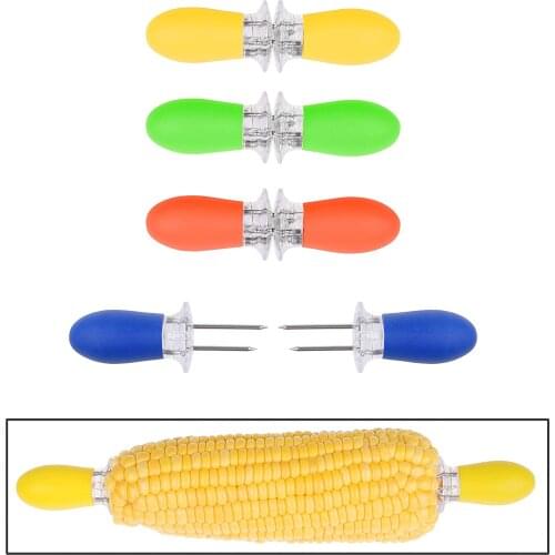 Corn Cob Holders Set Stainless Steel Corn Forks Holder BBQ Prongs Skewers Fruit Fork Kitchen Cook Gadget Silicone Soft Handle
