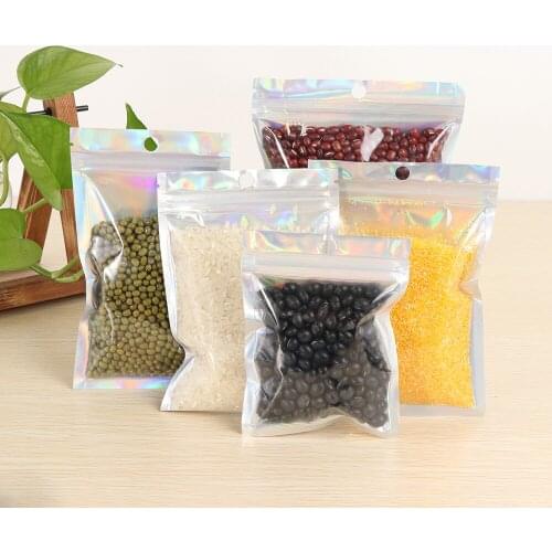 Laser Iridescent Waterproof Zip Plastic Bag Aluminum Foil Hologram Food Pouch Cosmetic Zipper Reclosable Pouches Makeup Bags