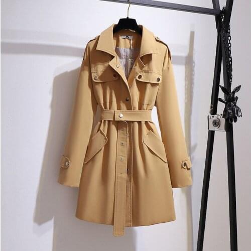 Hot Sale Women Autumn Solid Color Pocket plus size 6XL Windbreaker Medium Long Trench Coat Outerwear