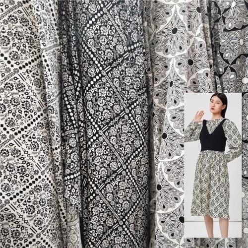 Fashion High-end Fabrics Black White Ethnic Style Print Micro-elastic Chiffon Plain Weave Satin Shirt Dress Pants Apparel Fabric