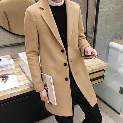 Jackets Plus Size Men Solid Color Long Sleeve Lapel Collar Buttons Woolen Trench Coat