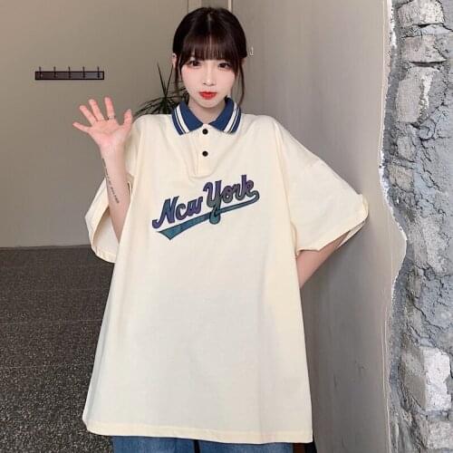 Turndown Collar Polo Tees for Teenage Girls Letter Embroidered Clothes Women Preppy Style Golf T Shirts Summer Casual Streetwear