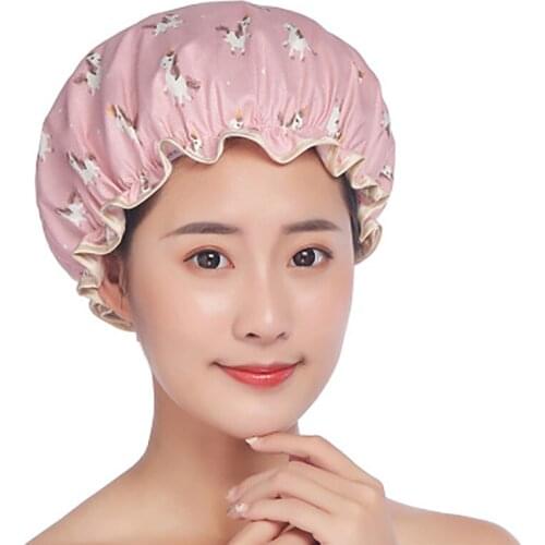 1pc Waterproof Bath Hat Women Shower Cap Hair Cover Double Layer Satin Shower Hair Bonnet Bathroom Supplies Shower Accessories