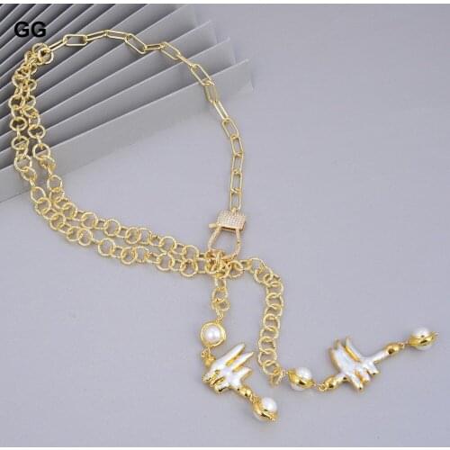 GuaiGuai Jewelry Natural Freshwater White Freeform Keshi Baroque Pearl Gold Color Plated Lariat Chain Necklace For Women
