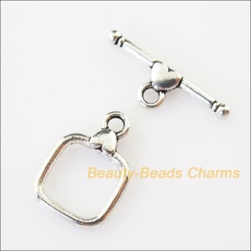 New 15Sets Tibetan Silver Heart Square Circle Bracelet Toggle Clasps Connectors