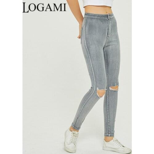 LOGAMI Knee Ripped Womens High Waist Slim Pencil Jeans Spring Casual Pants Gray Trousers Stretchy Jeans