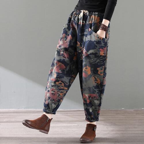 2020 Winter Jeans Vintage Woman Big Pockets Loose Trouses Warm Elastic Harem Pants Casual Printed Thick Fashion Streetwear f2731