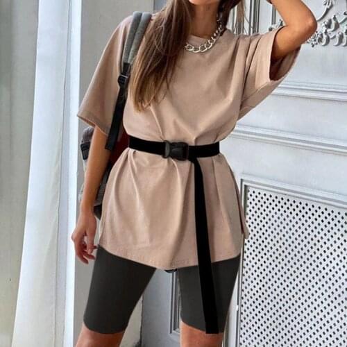 Womens Tracksuit Casual Loose T-shirt & Shorts Sets Womens Two Piece Set With Belt Solid Home Sports Wear Fashion Leisure Suit