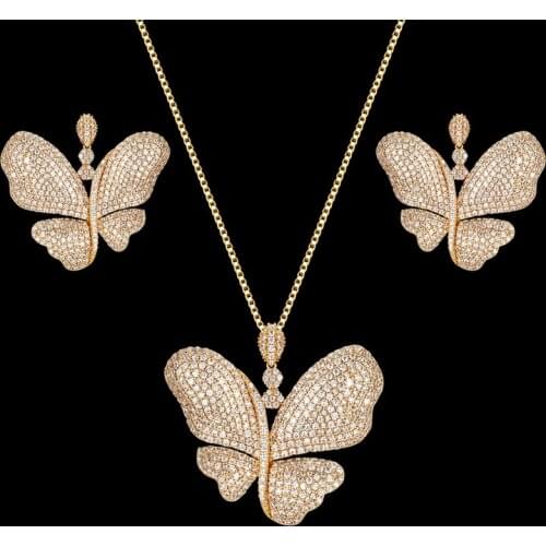 Zlxgirl jewelry high quality butterfly shape women wedding jewelry sets metal copper cubic zircon bridal necklace with earrings