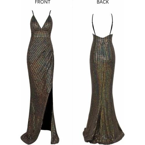 2019 New Style Multicolor Diamonds Christmas Party Women Long Dress V Neck Sexy Open Back High Split Cocktail Vestidos Wholesale