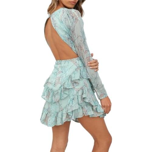 Hirigin Summer Women Beach Vacation Floral Backless Dress 2021 Long Sleeve O-Neck Print Long Sleeve Round Neck Ruffles Dress