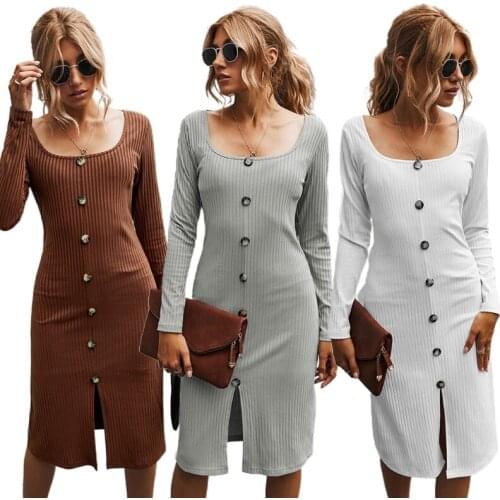 Women Autumn Long Sleeve Solid Color Ribbed Midi Slim Dress Buttons Sexy Retro Square Neck Front Slit Tight Party Clubwear