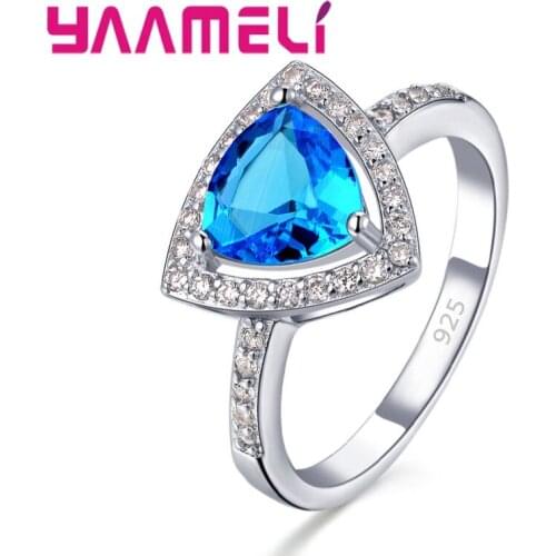 Luxury Triangle Big Shiny Blue Crystals 925 Sterling Silver Wedding Rings Best Quality Jewelry For Women US Size 6-9