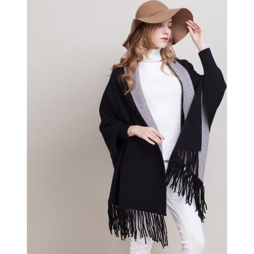 ZJZLL Womens Double Sided Color Tassel Knitted Shawl Wrap Plus Size Cardigan Poncho Cape Open Front Long Winter Sweater Coat