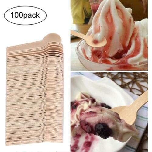 100pcs Ice Cream Wooden Spoon Disposable Tableware Cake Outdoor Camping Kitchenware Non-toxic Dessert Cheese Spoon Biodegradable