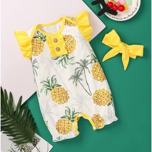 2Pcs Baby Girls Clothes Sweet Style Summer Fruits Printing Lace Button Decoration Fly Sleeve Round Collar Romper + Headwear Set