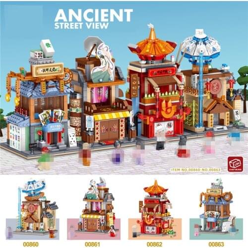 600P+ Mini Building Block Street View Chinese Architecture Teahouse Hot Pot Restaurant Hanfu Store Brick Mahjong Hall Toy