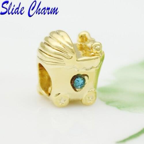 Free shipping new Childrens Fashion Jewelry DIY water lake blue Rhinestone golden baby carriage charm bead fit Pandora bracelet