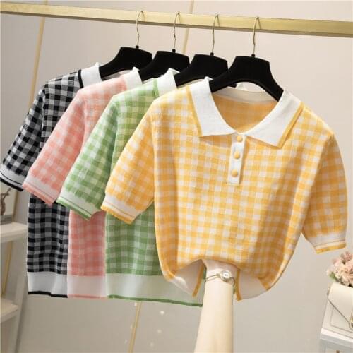 Summer Women Shirts Short Sleeve Knitted Blouse Plaid Stretchy Polo Collar Contrast Color Tops