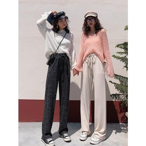 Spring autumn Harajuku Knitted wide leg pants women high waist trousers loose Korean students straight pants women casual pants