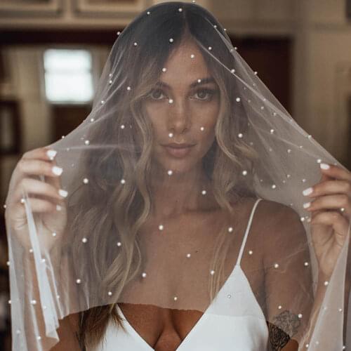 Long Bridal Veil Crystal Pearls Two-Layer Cathedral Veil Face-covered Velos de Noiva Wedding Blusher White Champagne 300X300cm
