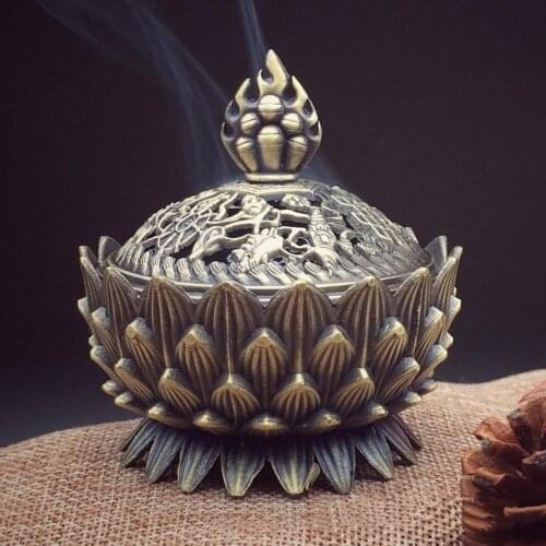 Chinese Buddha Alloy Incense Burner Lotus Flower Incense Censer for Buddhist Home Office Yoga Studio Decoration