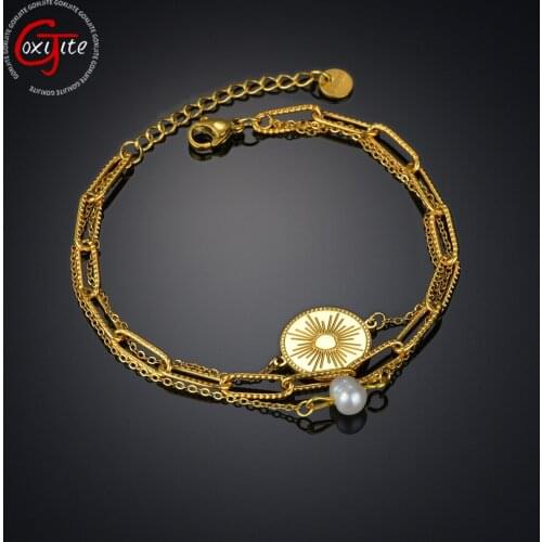 Goxijite Trendy Gold Round Bracelet Stainless Steel Three Layers Irregular Pearl Bracelets Fashion Jewelry Gift
