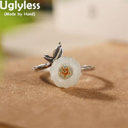 Uglyless Nature Jade Bowl Flower Rings for Women Thai Silver Leaves Rings Real 925 Silver Gemstone Vintage Jewelry Ethnic Bijoux