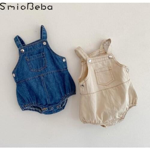 Spring And Summer 2021 Baby Boys And Girls Blue Rompers Denim Backpack Fart Clothes 0-2 Year Old Cotton Jumpsuit Newborn Clothes