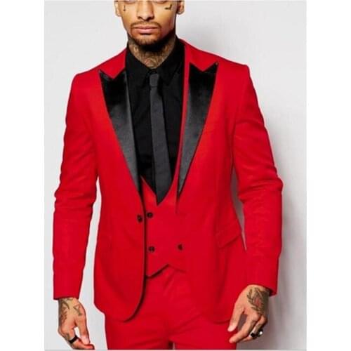 Fashion leisure men suit Best Man Red Jacket Groomsmen mens Suits Groom Tuxedos Black Notch Lapel Groom Wedding Costume Homme