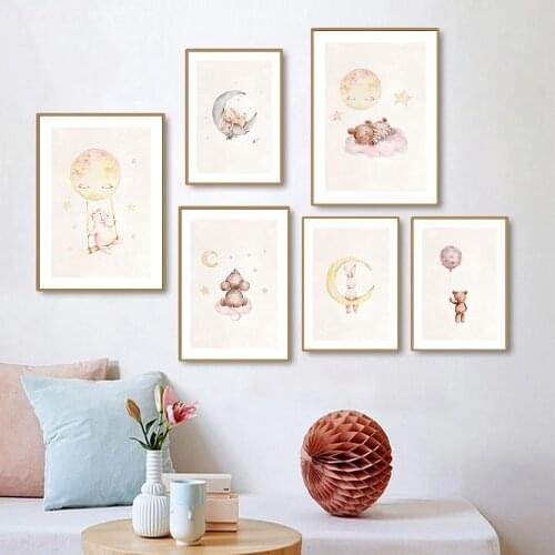 Cartoon Minimalist Moon Stars Balloon Poster Baby Girl Room Decor Nursery Canvas Painting Wall Art Bunny Teddy Toy Warm Pictures