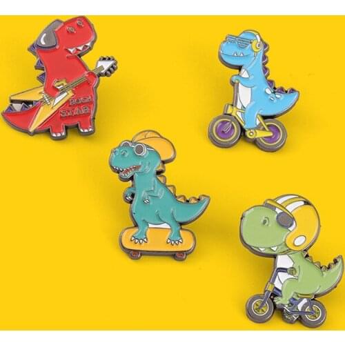 Cartoon Sporty Dinosaur Enamel Pins Badge Guitar Skateboard Brooches for Kids Friends Cute Backpacks Lapel Pin Jewelry Gift