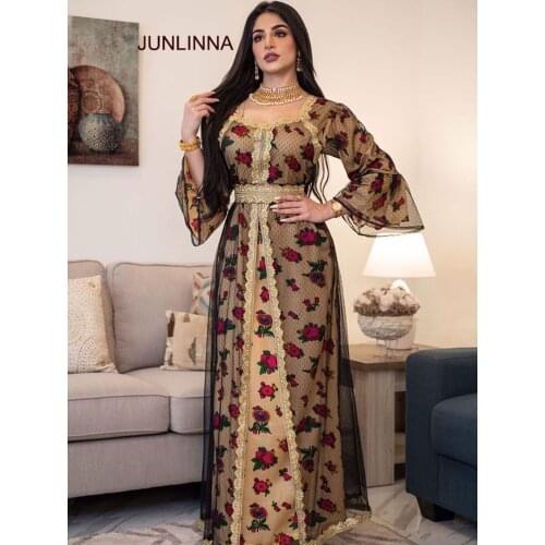 Muslim Dress Square Neck Long Sleeve Women Casual Wear Embroidery and Printing Dresses Mesh Patchwork Dress