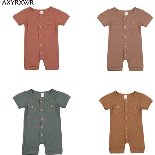 Newborn Baby Girls Boys Solid Summer Rompers Short Sleeve Pocket Romper Jumpsuits Playsuits Toddler Kids Casual Soft Outfits