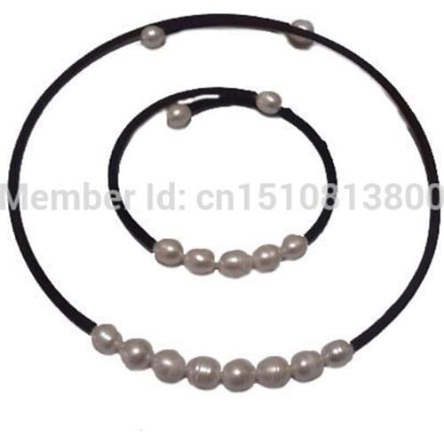 7-8m Natural White Rice Pearl Memory Wire Wrap Necklace & Bracelet Fashion Jewelry Set