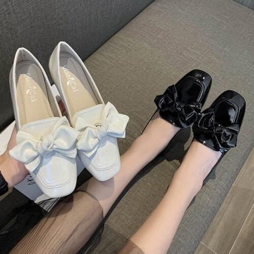 Spring Autumn Women Flats Big Bow Boat Shoes Sqaure Toe Slip on Flat Shoes Woman Loafers White Black Retro Zapatos Mujer 9382N