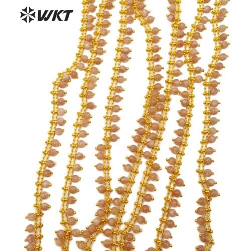 WT-RBC104 Natural Stone Chain Strawberry Cirtine Quartz Beads With Gold Color Rosary 4MM Beads Chain For Jewelry Making