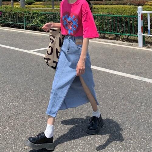 2021Summer Women Skirt New Korean Commute Lady Half-Length High Waist Mid-Length Split Denim A-line Package Hip Soild Blue Skirt