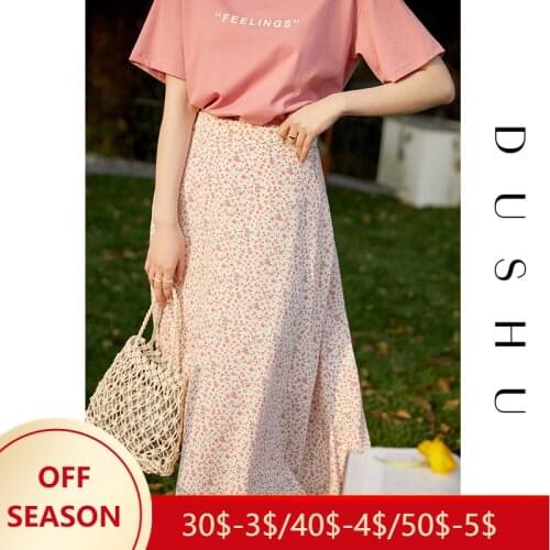 DUSHU Red Retro Floral Skirt Women Summer 2021 New High Waist A Line Skirt Mid Length Bohemian Bottoms Clothes