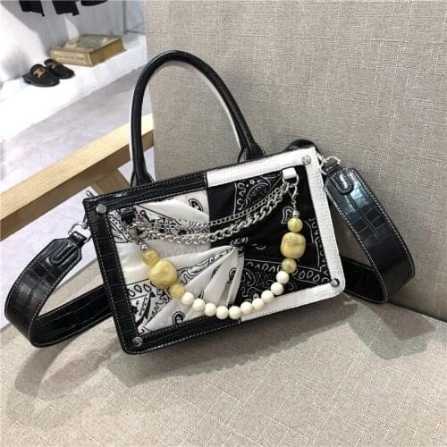 Women Bags Leather Wooden Beads Purse Handbags Girl Shoulder Bags Cross Body Messenger Bag Female Totes Art Scarf Printing