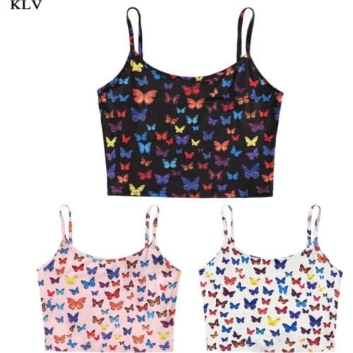 Women Summer Sleeveless Slim Crop Top Multicolor Butterfly Printing Camisole Spaghetti Strap Sexy Sling Vest Streetwear