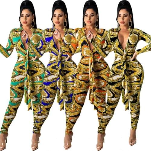 RStylish 2021 Autumn Fashion Digital Print Womens Long-Sleeved Zipper Belt Streetwear Bodycon One Piece Jumpsuit